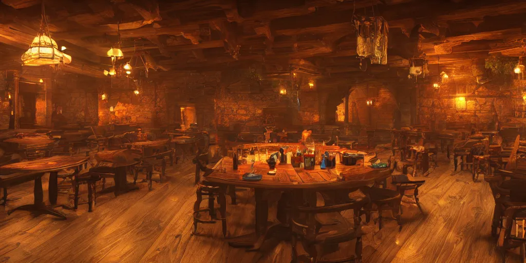 Prompt: the inside of a fantasy tavern, d & d, hyperrealistic, concept art, octane render, unreal engine 5, path tracing, soft lighting, high quality, highly detailed, 8 k, complementary colors, cgsociety