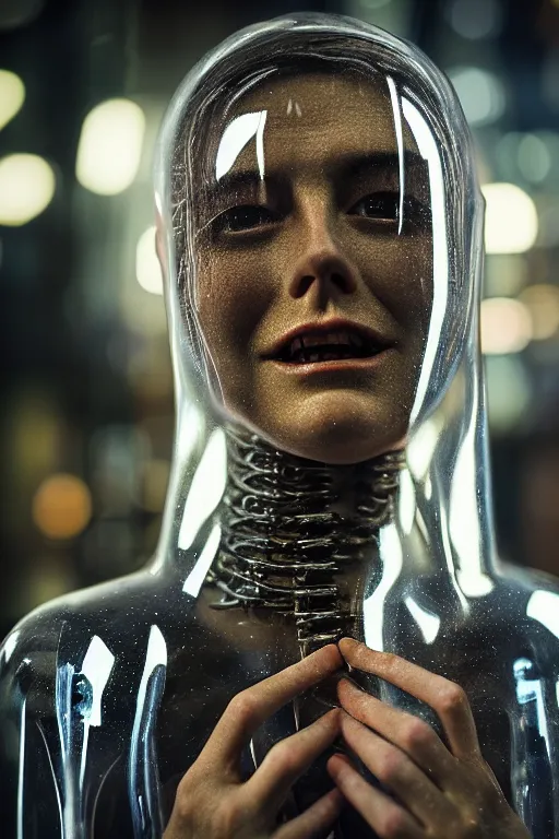 Prompt: Kodak Portra 400, 8K, highly detailed, H.R Giger style 3/4 extreme closeup portrait, clear eyes, focus on clear transparent raincoat terrified model, tilt shift h.r giger style background: famous blade runner remake, tokyo izakaya scene