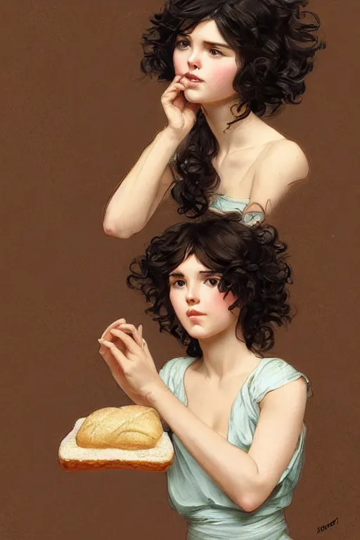 Image similar to beautiful cottagecore of a girl with short black curly hair, round face, cute face, holding a loaf of bread. intricate, elegant. highly detailed, digital painting, artstation, concept art, smooth, sharp, focus, illustration. . art by artgerm and greg rutkowski and alphonse mucha