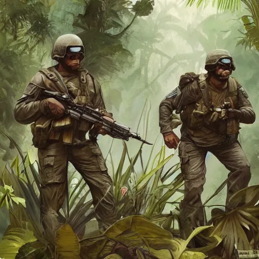 Image similar to american commandos patrolling south american jungle, in the style of artgerm and greg rutkowski and alphonse mucha