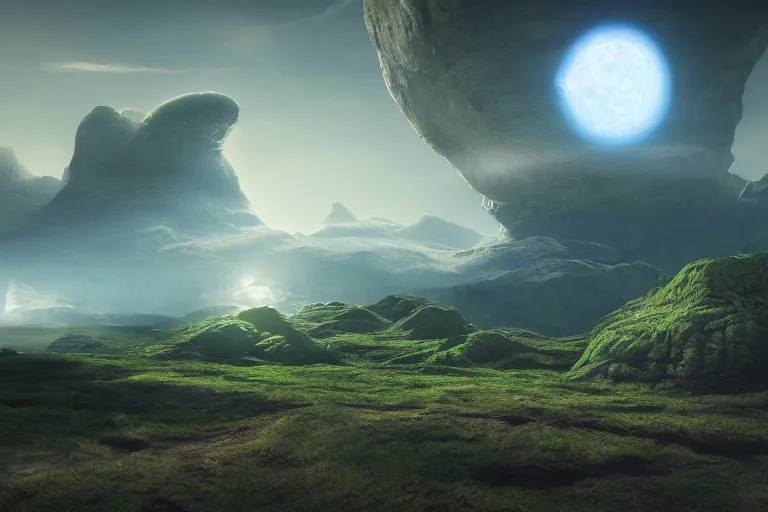 Image similar to Landscape of a beautiful alien world. Cinematic lighting. Photorealism.