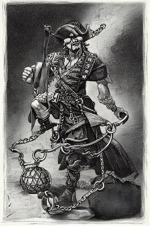 Prompt: aesthetic digital illustration of a pirate wearing a ball and chain by miyamoto and alex horley - orandelli, sitting in a prison, centered, concept art, deviantart