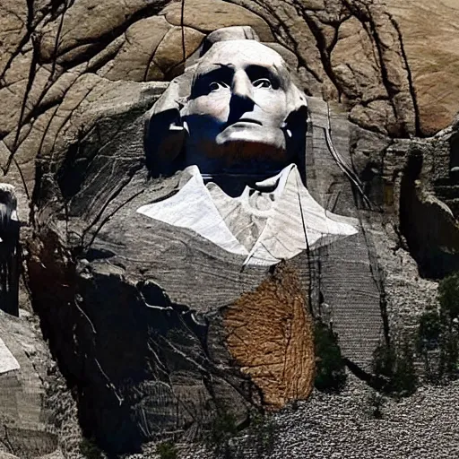 Image similar to donald trump's face carved into the rock on mount rushmore. the photo clearly depicts donald trump's facial features next to other former presidents, at a slightly elevated level, depicting his particular hair style carved into the stone at the mountain top, centered, balances, regal, pensive, powerful, just