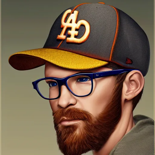 Prompt: portrait painting of blonde, fair skin, man in a dodgers hat wearing glasses, happy, round face, ultra realistic, concept art, intricate details, serious, highly detailed, photorealistic, octane render, 8 k, unreal engine. art by artgerm and greg rutkowski and alphonse mucha