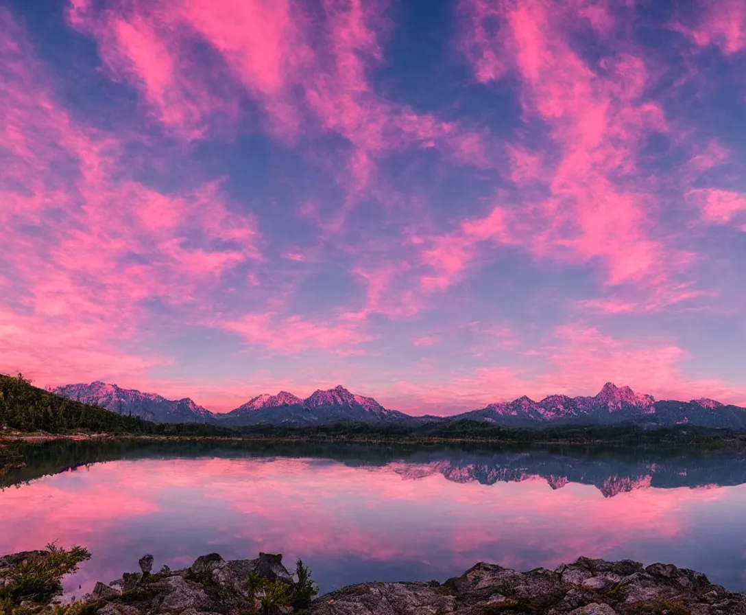 Image similar to wide angle photography, majestic mountains, beautiful lake, lush landscape, pink sky, sunset