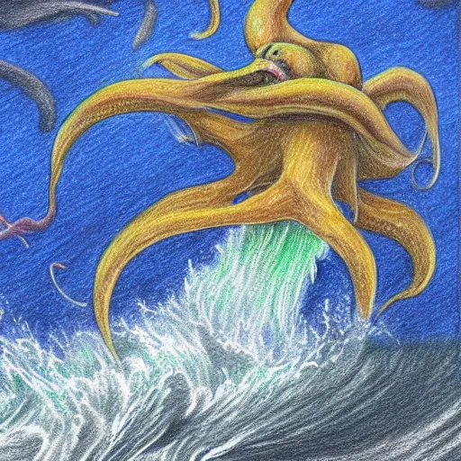 Prompt: coloured pencil drawing of a galion attacked by a giant octopus, rainy day an big waves. d & d, illustration, trending on artstation