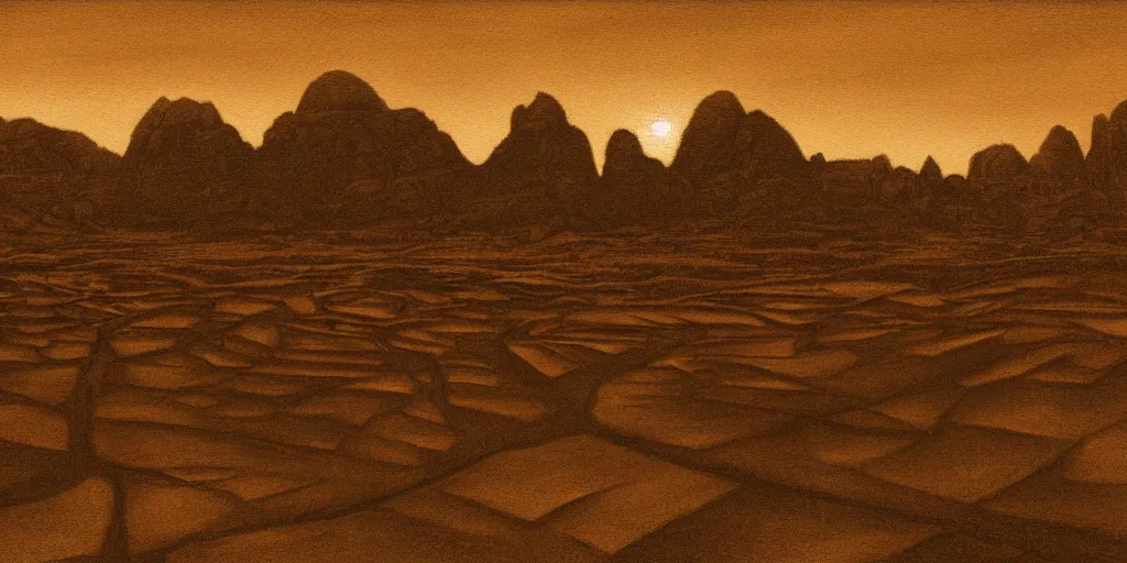 Image similar to a realistic rooftop sepia - toned painting of wadi rum at night, dark, brooding, atmospheric, lovecraft