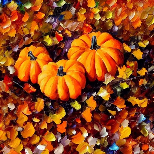 Prompt: halloween pumpkins sitting in a pile of autumn leaves detailed painting in the style of leonid afremov 4 k