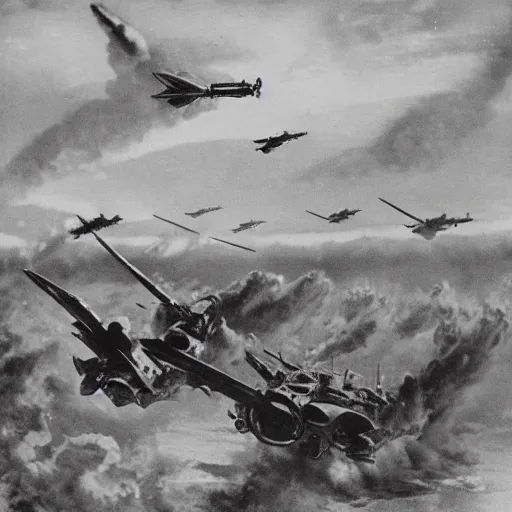 Image similar to lack and white photo Dragons in Battle of Kursk WWII, dragons flying in the sky