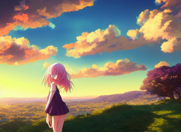 Image similar to illustration of green hills with clouds in the background, golden hour sunset, purple beautiful sky, cute anime girl with platinum blonde hair and big eyes, close to foreground, anime key visual, official media, illustrated by wlop, extremely detailed, 8 k, trending on pixiv, cinematic lighting, beautiful