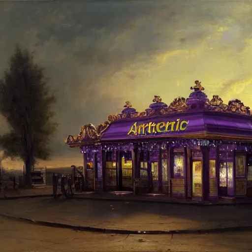 Prompt: painting of artlilery scifi organic shaped gas station with ornate metal work ornaments, volumetric lights, purple sun, andreas achenbach