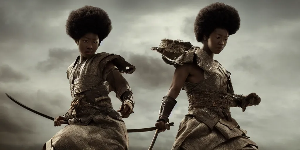 Image similar to a film still of a black woman starring in a japanese blockbuster film as ancient samurai, levitating mid air, intense, shallow depth of field, cinematic, award winning cgi, vfx, film still