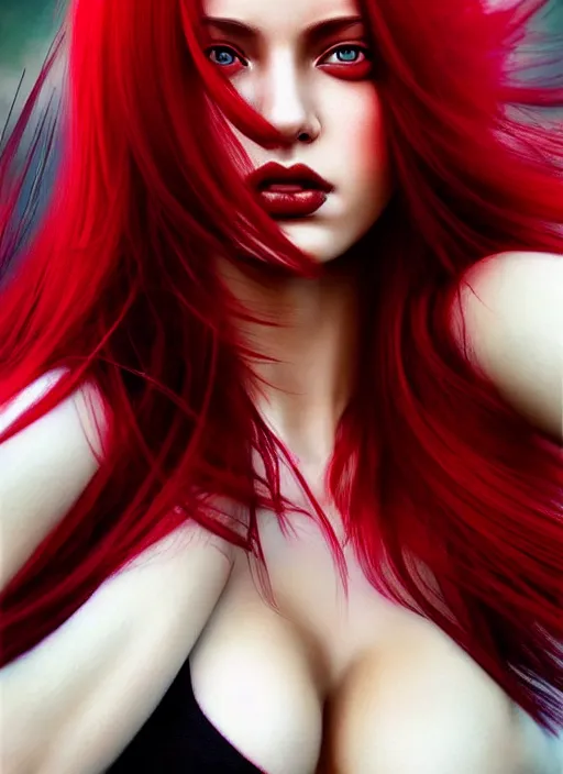 Image similar to photo of gorgeous woman with red and white half dye hair in the style of stefan kostic, realistic, half body shot, sharp focus, 8 k high definition, insanely detailed, intricate, elegant, art by stanley lau and artgerm, foggy backgeound