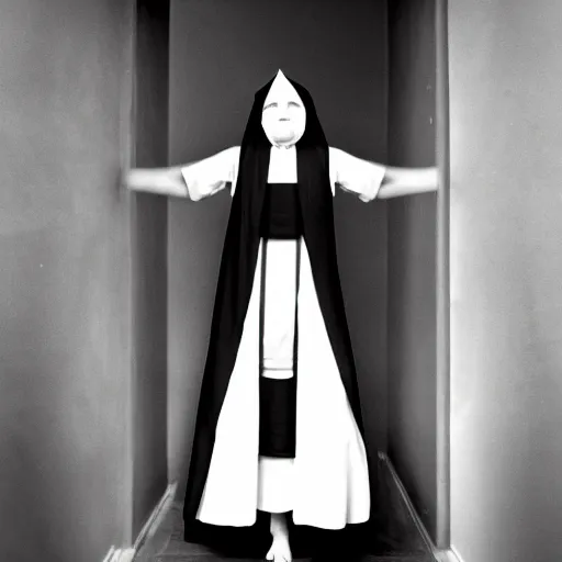 Image similar to black and white, award winning photo, levitating twin nuns, wearing swimsuit, the nuns have Very long arms, in a sanctuary, eerie, frightening —width 1024 —height 1024