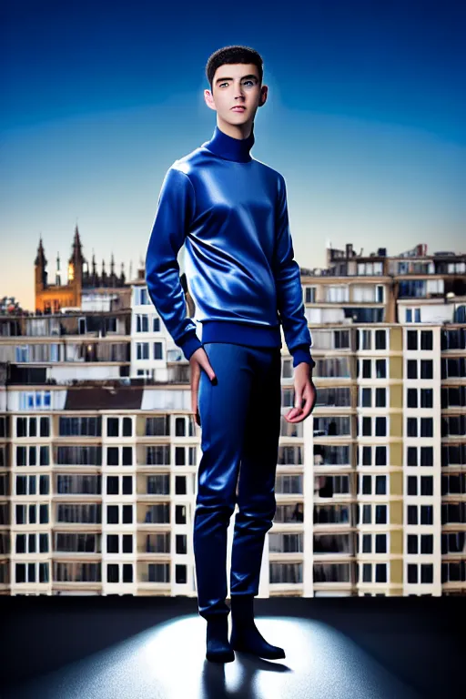 Image similar to un ultra high definition studio quality photographic art portrait of a young man standing on the rooftop of a british apartment building wearing soft padded silver pearlescent clothing. three point light. extremely detailed. golden ratio, ray tracing, volumetric light, shallow depth of field. set dressed.