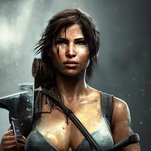 Image similar to Lara croft as blacksmith, wet face , heavy rain ,dramatic, intricate, highly detailed, concept art, smooth, sharp focus, illustration, Unreal Engine 5, 8K