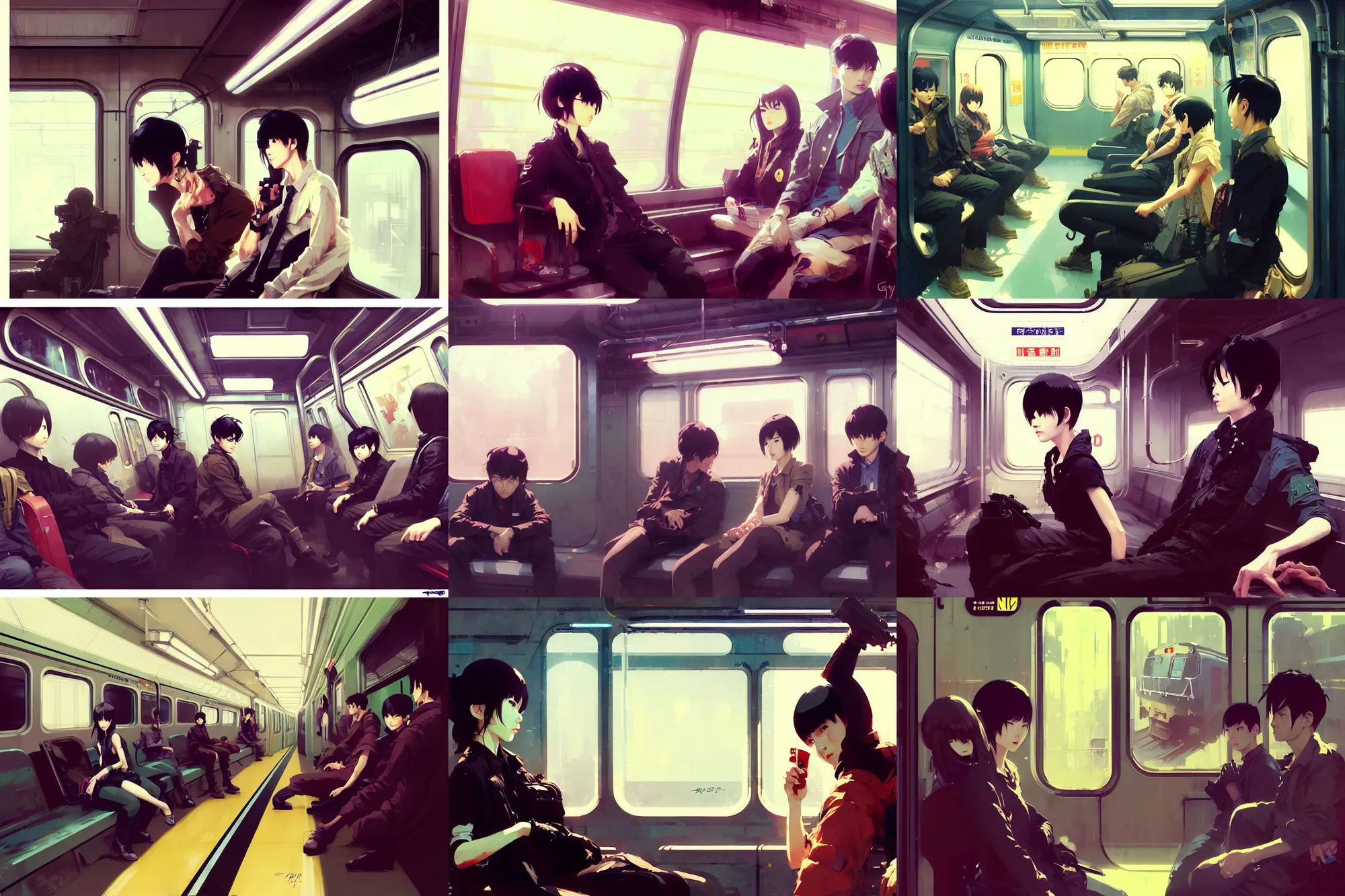 Prompt: hyper - realistic portrait of subway train interior, extreme detail, in style of pan ren wei, ilya kuvshinov, yoji shinkawa, atey ghailan, krenz cushart, by greg rutkowski, by greg tocchini, by james gilleard, by joe fenton, by kaethe butcher, grunge aesthetic