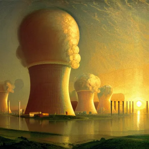 Prompt: A nuclear power plant in utopia by Simon Stålenhag and J.M.W. Turner, oil on canvas; Nuclear Fallout, Art Direction by Adam Adamowicz