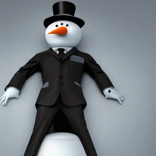 Prompt: a highly detailed humanoid snowman in business black suit with black eyes and mouth, no nose, hyperrealism, professional, octane render, full length, digital art