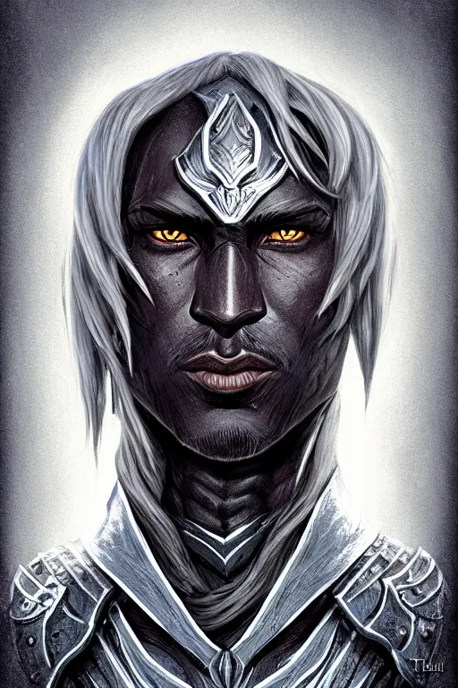 Prompt: head and shoulders portrait of an eldrich knight, drow, dark elf, shadar kai, male, high fantasy, d & d, by tyler jacobson, face details, extremely detailed, digital illustration
