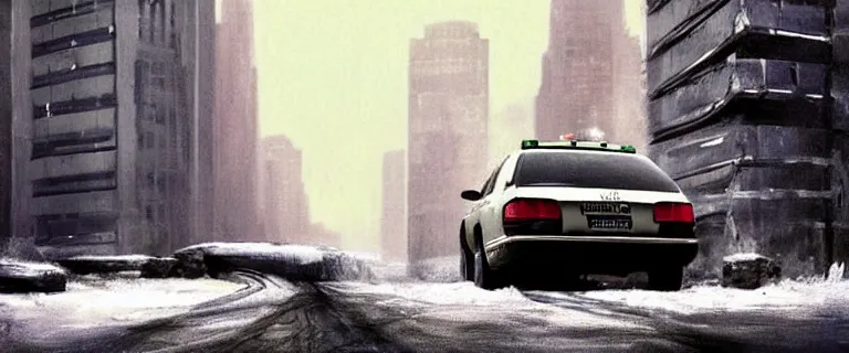 Prompt: Audi A4 B6 Avant (2002), a gritty neo-noir, dramatic lighting, cinematic, establishing shot, extremely high detail, photorealistic, cinematic lighting, artstation, by simon stalenhag, Max Payne (PC) (2001) winter new york, eldritch horror, police scene