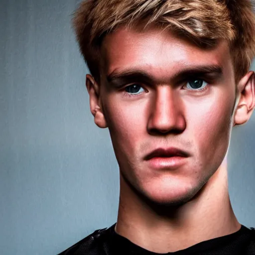 Prompt: a realistic detailed photo of a guy who is an attractive humanoid who is half robot and half humanoid, who is a male android, soccer player martin ødegaard, shiny skin, posing like a statue, blank stare, in a living room, on display