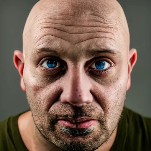 Image similar to portrait photo of a yellow - skinned bald wrinkly man with stubble and big eyes, he wears blue overalls no shirt, he looks like a human minion, moody cinematic lighting, realistic facial features, hyper detailed, crisp image, leica, 2 4 mm lens