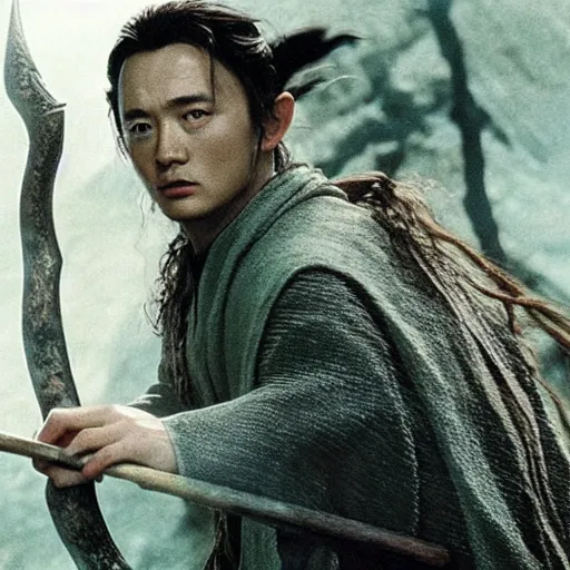 Image similar to a still from “ lord of the rings ” of a head and shoulders portrait of fei lung as a wizard with a wooden staff, photo by phil noto