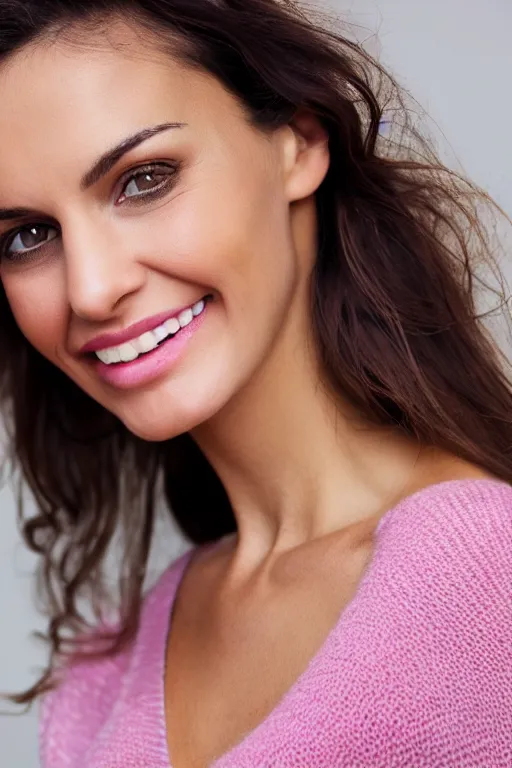 Prompt: olive skinned female model in her thirties, wearing pink v - neck sweater, focused on neck, photo realistic, extreme detail skin, natural beauty, straight teeth, no filter, slr, golden hour, 4 k, high definition, selfie