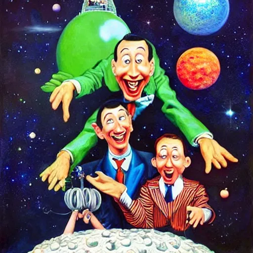 Image similar to beautiful lifelike painting of peewee herman partying with mary poppins on pluto, hyperreal detailed facial features and uv lighting, art by ed roth and basil wolverton