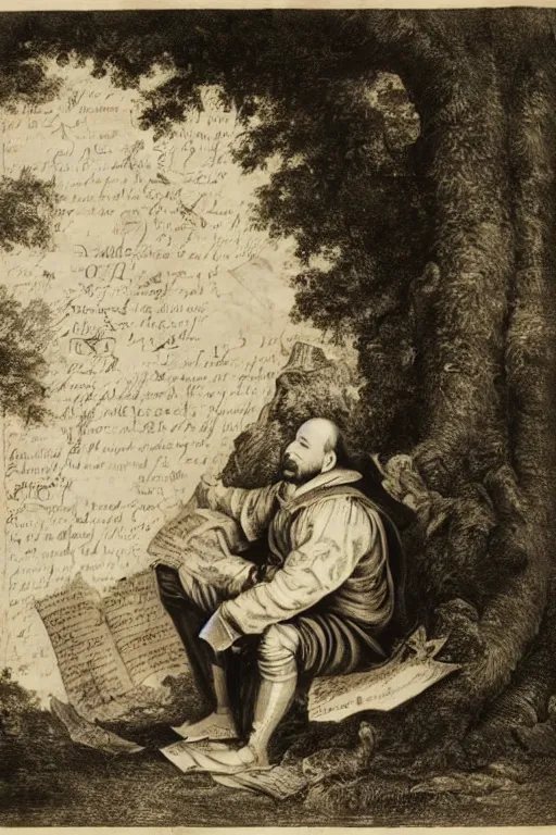 Image similar to shakespeare sitting beneath a shade tree with a big pile of crumpled parchment behind him