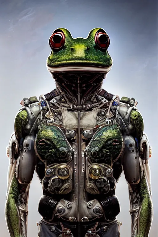 Image similar to a portrait of a muscular anthropomorphic cyberpunk frog in spacesuit armor with ensignia on chest plate by sandra chevrier, by jon foster, detailed render, post - processing, extremely hyperdetailed, intricate, epic composition, cybernetics, 4 k realistic, cryengine, realistic shaded lighting, sharp focus, masterpiece, by enki bilal