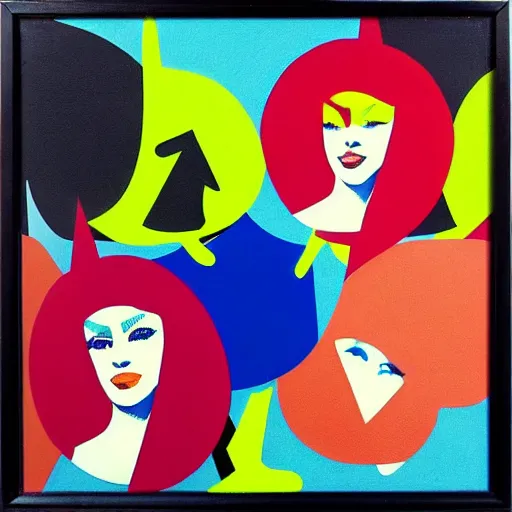 Image similar to stylish 1960s pop art by Evelyne Axell, luscious dancers in silhouette with bold geometric patterns