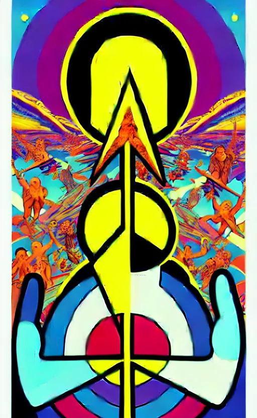 Image similar to psychedelic peace signs wide angle shot, white background, vector art, illustration by frank frazetta and salvador dali