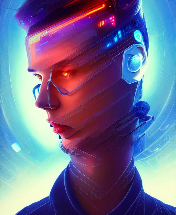 Image similar to a whirlwind inside the metaverse, guy, male, man, hologram, half body, neurochip, android, cyborg, cyberpunk face, by loish, d & d, fantasy, intricate, elegant, highly detailed, colorful, digital painting, artstation, concept art, art by artgerm and greg rutkowski and alphonse mucha