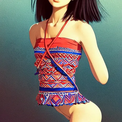 Image similar to a beautiful young japanese natalie portman alluring gravure model, wearing elegant designer tank top, elegant tank top with mesoamerican patterns, by akira toriyama and wlop and ilya kuvshinov and artgerm and, aesthetic, gorgeous, stunning, alluring, attractive, artstation, deviantart, pinterest, digital art