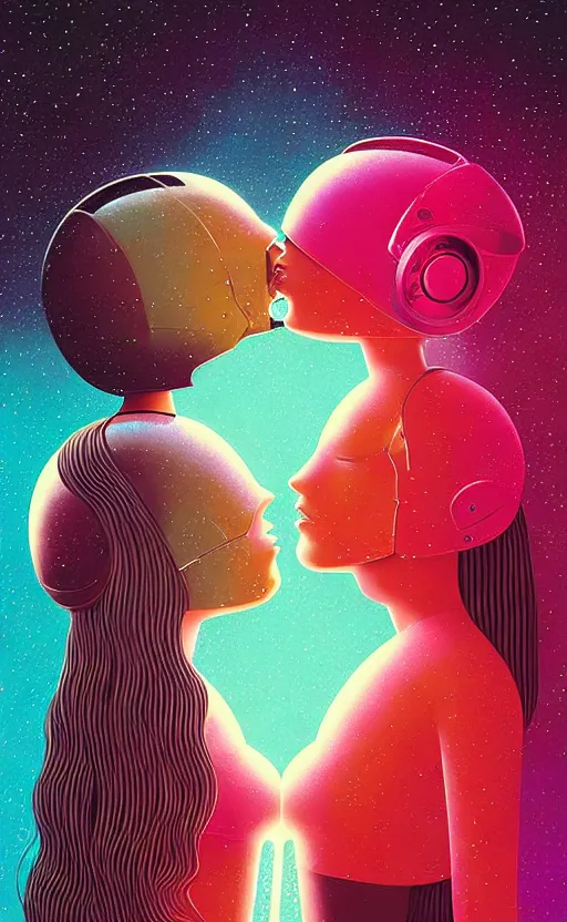 Image similar to portrait of two girl kissing each other and wearing a futuristic helmet by Petros Afshar and Beeple, James Gilleard, Mark Ryden, Wolfgang Lettl highly detailed