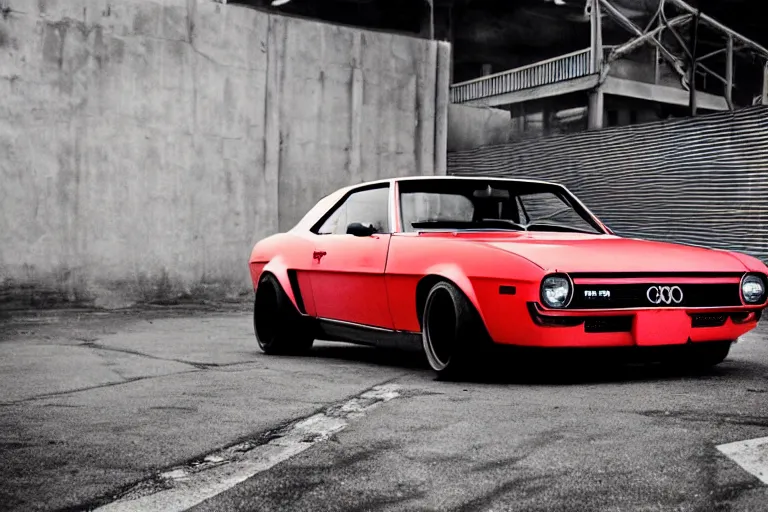 Prompt: audi camaro b 1 ( 1 9 6 9 ) drifting, need for speed : carbon, neon lines, japanese temple multistorey car park, ultra phonk, phonk music background, smoke behind wheels, noise, dark, establishing shot