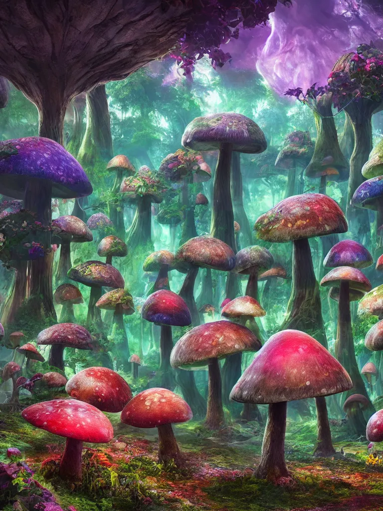 Image similar to a beautiful otherworldly fantasy landscape of giant mushroom trees forming canopies over bright colorful mythical floral plants, like alice in wonderland, rendering, cryengine, deep color, vray render, cinema 4 d, cgsociety, bioluminescent