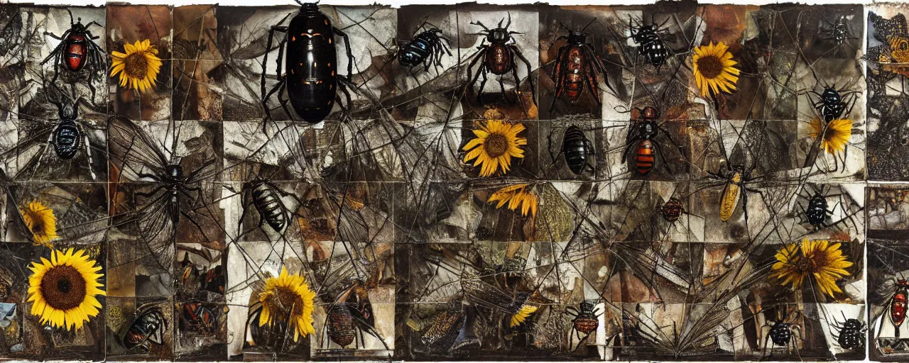 Prompt: a contact sheet of strange giant insects arranged in a grid, beetles, spiders, butterflies, moths, wasps, bees, maggots, locusts and flies, oil painting by max ernst and anselm kiefer, decay, mixed media, textured, sharp focus, highly detailed, photographic emulsion cracked and peeling, rust, wire, sunflowers, nails, cinematic lighting, 8 k, hd