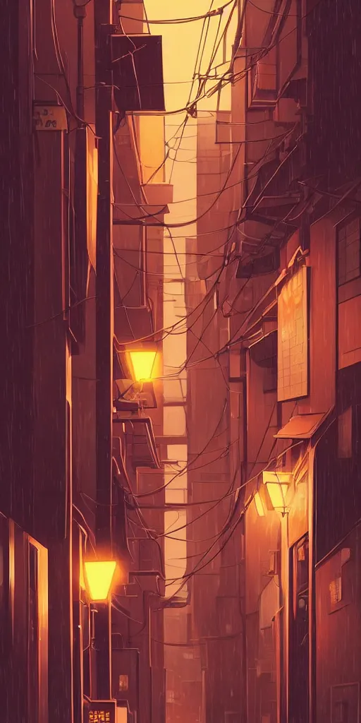 Image similar to tokyo alleyway, rainy day, lights, by cory loftis, makoto shinkai, hasui kawase, james gilleard, beautiful, serene, peaceful, lonely, golden curve composition