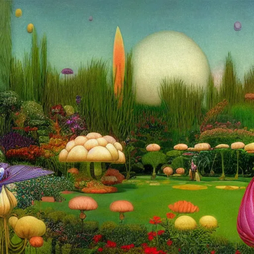 Prompt: a garden in orbit around saturn, 8 k, lowbrow, in the style of martin johnson heade, roger dean and john bauer,