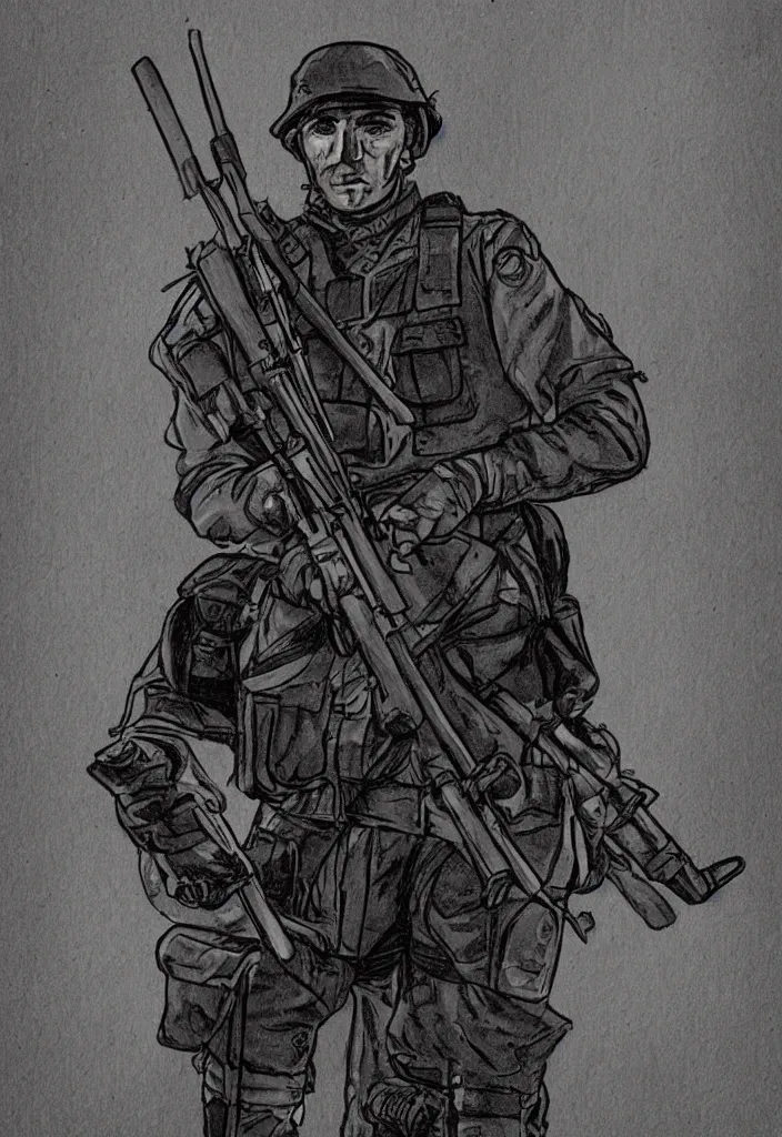 Image similar to 2 0 th century soldier holding a rifle in the style of a comic book. warm moody evening light dramatic light. comic book illustration