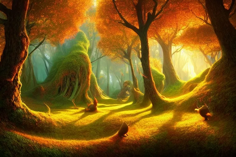 Image similar to vivid surreal landscape : : magic forest nature : : weta disney pixar movie still photo : : decadent highly - detailed digital painting, full length shot, golden, golden hour, galaxies, stars, light trails, ratio, octane render, artstation, smooth, sharp focus, artgerm, mucha, loish, wlop, gogo