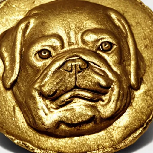 Image similar to an ancient roman gold coin with the face of a french bulldog, close up photo, ultra realistic, studio photo, bokeh.