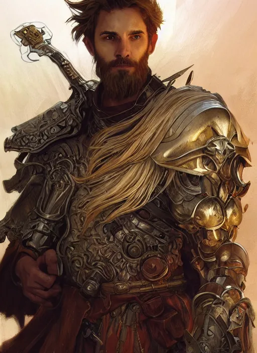 Image similar to A Human Male Paladin holding a flaming sword, shaggy hair, scruffy beard, glowing white eyes, medium armor, wings, fantasy, intricate, elegant, highly detailed, digital painting, artstation, concept art, smooth, sharp focus, illustration, art by Krenz Cushart and Artem Demura and alphonse mucha