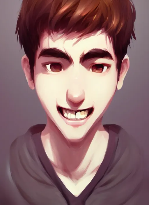 Prompt: a white young man with a big smile, prominent big eyes, round portruding chin, plump lips, brown flowers, standout colours, sharp, simple lines, digital painting, artstation, matte, sharp focus, illustration, realistic anime moe artstyle