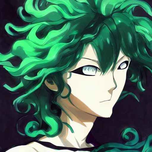 Image similar to painting of tatsumaki from one punch man, green wavy hair, black dress, cool color palette, refreshing, soft lighting, fine details, digital painting, pretty face, light and shadow effects, dynamic pose, by cushart krenz, by makoto shinkai