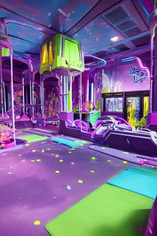 Image similar to Cybertron, the inside of a Discovery Zone soft play area for goth Decepticons, pastel purple ballpit, Deception and goth colors, cinematography by Wes Anderson, 4k octane render, photorealistic , cinematic lighting, Artstation