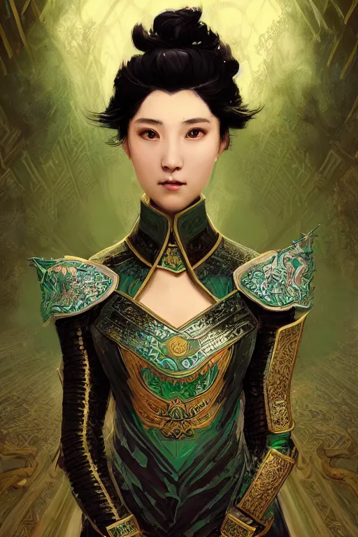 Image similar to portrait black hair young knights of Dynasty Warriors girl, metallic green armor, in ruin fire chinese palace sunrise, ssci-fi and fantasy, intricate and very beautiful and elegant, digital painting, artstation, concept art, smooth and sharp focus, illustration, art by tian zi and WLOP and alphonse mucha